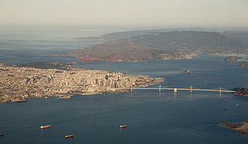 Aerial panorama of the northern Bay, the Bay Bridge, Golden Gate, and Marin Headlands on a clear morning. November 2014 photo by Doc Searls. SF-Marin-Pt Reyes aerial panorama.jpg