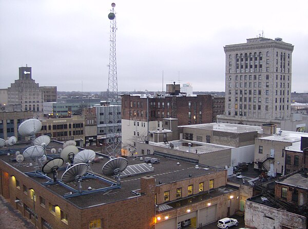 Saginaw skyline as seen from the Bearinger Building with WNEM-TV's studios in the foreground.