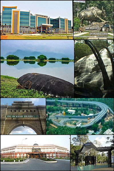 Clockwise from top left: Mookaneri Lake, Modern Theatres, Trumpet Exchange Flyover, Salem Collectorate and Salem Steel Plant