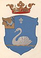Ahrenbergin vuoden 1902 ehdotukseen perustuva Salon kauppalan vaakuna Finlands städers vapen -postikorttikokoelmasta 1900-luvun alusta.