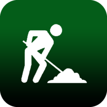 Green background man with shovel moving dubious items