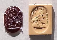 Sasanian seal with inscription Pahlavi "Perozhormizd, son of the Kanarang" (a Governor of easternmost Sasanian territory, Abarshahr, a title first attested in the 5th century CE). British Museum 134847.