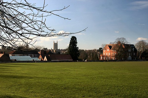 Vinefields site, home of the school 1883–1972. The Millennium Tower of St Edmundsbury Cathedral is visible in the distance.