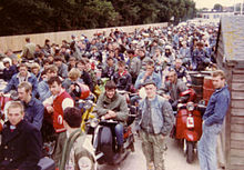 Scooterists waiting for the ferry after the Isle of Wight scooter rally in August 1983 Scooter rallies 10007.JPG