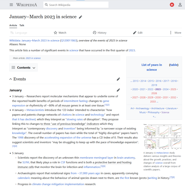 Screenshot of the article January–March 2023 in science on the English Wikipedia as of 2023-07-10