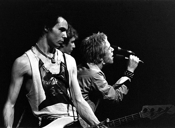 The Sex Pistols (Vicious left, Steve Jones centre, and Johnny Rotten right) performing in Trondheim in 1977