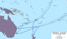 mapa navigačních tras mezi Spojenými státy, Austrálií a Novým Zélandem v červenci 1942