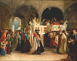 Simchat Torah at the Synagogue of Livorno (Solomon Alexander Hart, c. 1850). Solomon Alexander Hart - The Feast of the Rejoicing of the Law at the Synagogue in Leghorn, Italy - Google Art Project.jpg