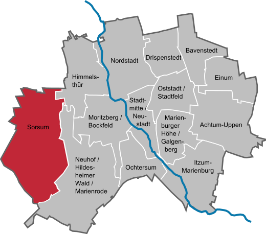 De stadsdelen van Hildesheim. Sorsum is rood gemarkeerd.