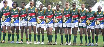 South Africa lining up for national anthem before a match against Ireland during a final in the 2008 AFIC South African National Australian Football Team.jpg