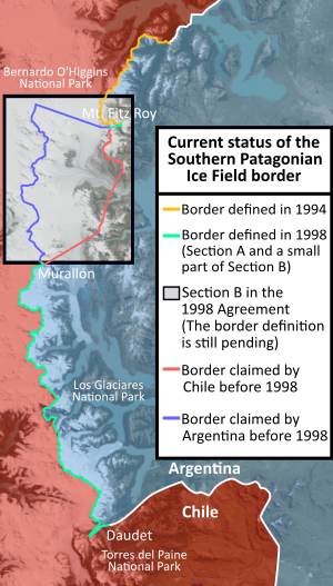 This map shows section A and B of the agreement. Southern Patagonian Ice Field border.svg