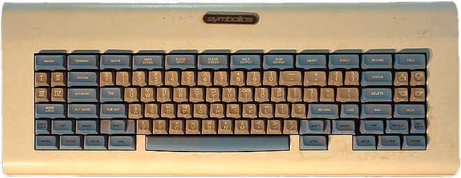MIT "space-cadet keyboard", an early keyboard with a large number of modifier keys. It was equipped with four keys for bucky bits (Control, Meta, Hyper, and Super); and three shift keys, called "shift", "top", and "front".