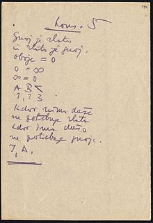 Manuscript of Kons 5, one of Kosovel's most famous late poems. It reads:Dung is gold
and gold is dung.Both = 00 = ∞∞ = 0AB 1, 2, 3.Whoever has no souldoesn't need gold.Whoever has a souldoesn't need dung.EE-AW