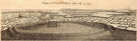 Etching of St. Roche's hill showing a ruined building inside a circular bank at the top of the hill