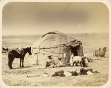A traditional Kyrgyz (Kazakh) yurt in 1860 in the Syr Darya Oblast. Note the lack of a compression ring at the top. Syr Darya Oblast. Kyrgyz Yurt WDL10968.png