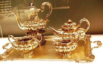Silver and gold tea set on display at the Franz Mayer Museum in Mexico City.