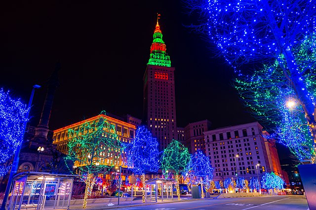 Terminal Tower lit up in holiday colors for Winterfest Cleveland 2020