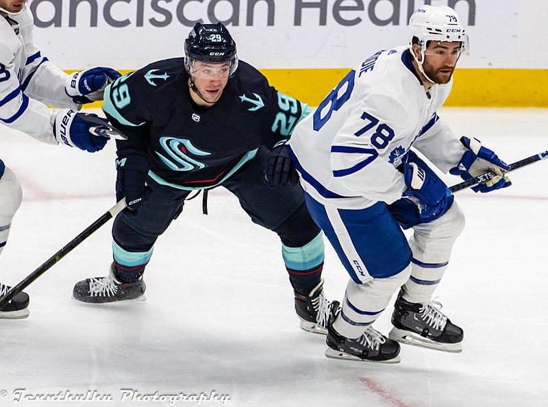 File:Toronto Maple Leafs at Seattle Kraken (February 26, 2023) - Vince Dunn and T. J. Brodie (52714298090).jpg