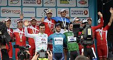 Overall winners on the podium: Cofidis (back row), Mattia Pozzo, Adam Yates, Mark Cavendish and Marc de Maar (front row, from left to right). TourofTurkeyWinners.JPG