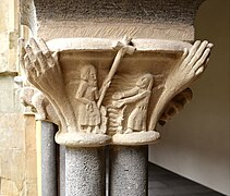 Capital by Willi Hahn in the cloister of St. Matthias Abbey, Trier, Germany. A Macedonian asking Apostle Paul to cross the Aegean Sea.