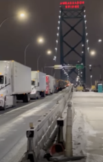 Trucks unable to cross the border, lined up on the Ambassador Bridge February 8, 2022 Trucks lined up on Ambassador Bridge Feb 8.png