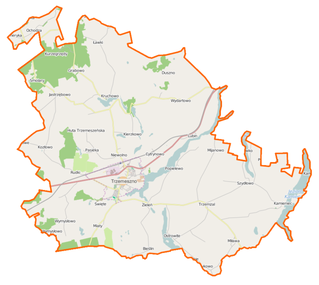 Mapa konturowa gminy Trzemeszno, blisko centrum po lewej na dole znajduje się punkt z opisem „Trzemeszno”