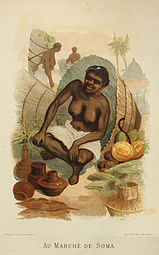 Verkoopster op de markt van Soma (Congo), illustratie uit Charles de Martrin-Donos (1886): Les Belges dans l'Afrique centrale