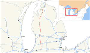 US 131 runs up the western side of Lower Peninsula of Michigan inland from Lake Michigan