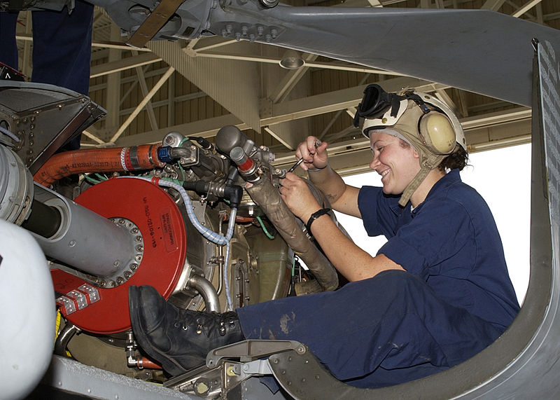 File:US Navy 040518-N-7293M-007 Aviation Machinist's Mate 3rd Class Leann Whitney, of Prosser, Wash., reassembles the engine of an MH-60S Seahawk helicopter assigned to the Providers of Helicopter Combat Support Squadron Five.jpg