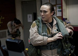 US Navy 120125-N-DR144-082 Radar Operator Lt. j.g. Ashley Ellison, assigned to Carrier Airborne Early Warning Squadron (VAW) 125, dresses out in th.jpg