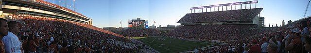 A panorama of Darrell K Royal–Texas Memorial Stadium in Austin, Texas during the game against the 2007 Texas Longhorns football team.