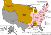 In 1818, Illinois became the 21st U.S. state. The southern portion of Illinois Territory was admitted as the state of Illinois, and the rest was joined to Michigan Territory. United States 1818-12-1819-03.png
