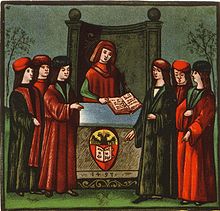 The entry of some students in the Natio Germanica Bononiae, the nation of German students at Bologna; miniature of 1497. Universitat Bologna Deutsche Nation.jpg