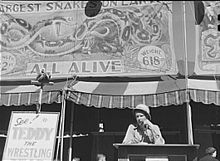 Barker at the Vermont State Fair, 1941 Vermont state fair barker bw.jpg