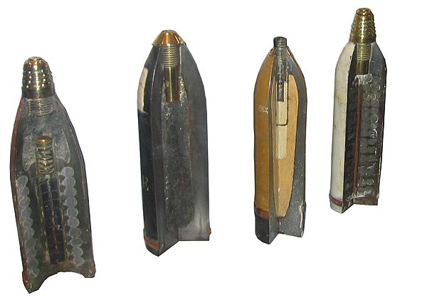 Some sectioned shells from the First World War. From left to right: 90 mm shrapnel shell, 120 mm pig iron incendiary shell, 77/14 model – 75 mm high-e