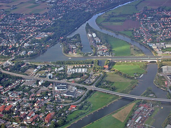 Aerial view of aqueducts and River Weser