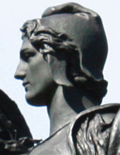 Weinman's 1909 statue of Victory in Baltimore's Union Soldiers and Sailors' Monument has features said to bear a resemblance to those on the Mercury dime. Weinmann Victory face.jpg