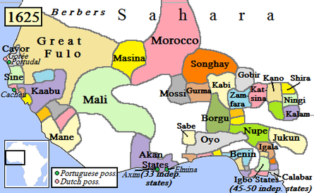 Political map of West Africa in 1625. Modern Nigeria includes parts of Oyo, Borgu, Nupe, and Benin areas, as well as Igbo states. WestAfrica1625.png