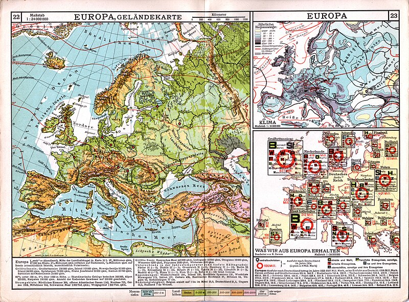 File:Westermanns Neuer Schulatlas 1928 (22-23) Europa, Geländekarte, Klima und Exporte.jpg