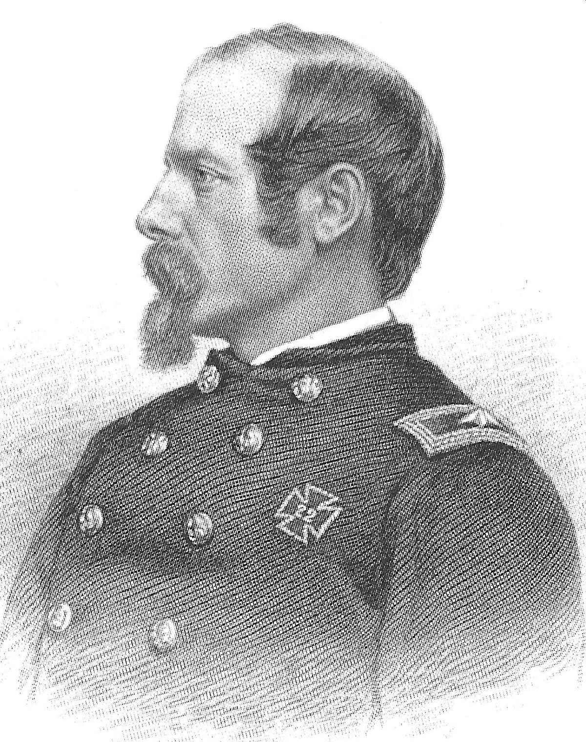 A sketch depicting a head-and-shoulders portrait of a high-ranking United States army officer of the Civil War era. His face is in profile. He has a receding hairline， a mustache and a goatee.