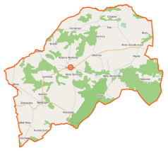 Mapa konturowa gminy Wodynie, po lewej nieco na dole znajduje się punkt z opisem „Seroczyn”