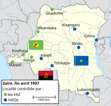 Carte de la République démocratique du Congo. L'AFDL contrôle Kisangani, Goma et Kindu à l'est et Lubumbashi, Tshikapa et Kikwit au sud. Les FAZ contrôlent Gbadolite et Mbandanka au nord et Kenge, Kinshasa et Matadi à l'ouest.