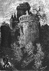 Gravure montrant l'apparition d'une forme blanche au sommet d'une tour en ruine d'une mystérieuse forteresse, provoquant la stupeur de deux personnages se trouvant à son pied.