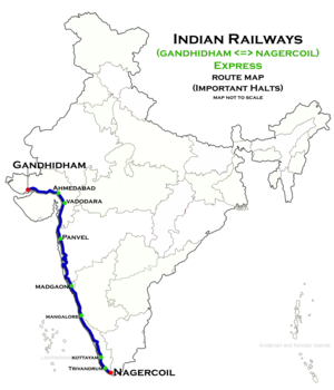 (Gandhidham - Nagercoil) Express route map.png