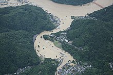 Homes submerged by the Kuma River on 4 July 2020. Ling He 2Nian (2020Nian )7Yue 3Ri karanoDa Yu Xie meXie Zhen Qiu Mo Chuan Di Qu (Xiong Ben Xian Ba Dai Shi , Lu Bei Ting , Qiu Mo Cun )124A2490.jpg