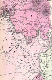 1862 Map Showing the Richmond and Petersburg Railroad with the connection to the Clover Hill and other Railroads. 1862 Johnson's Map of The Vicinity Of Richmond and Peninsular Campaign in Virginia - Geographicus - Richmond-j-62 Richmond and Petersburg Railroad.jpg