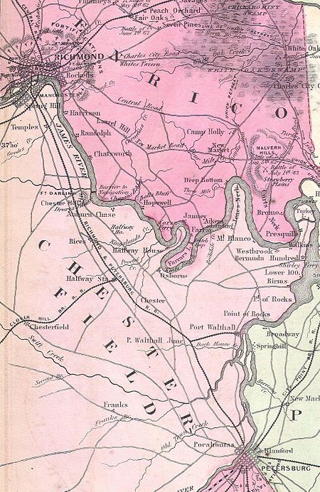 During the Civil War, the Confederacy was generally able to keep the Union troops west of the Richmond and Petersburg Railroad, with the main exception being the Bermuda Hundred campaign of 1864. 1862 Johnson's Map of The Vicinity Of Richmond and Peninsular Campaign in Virginia - Geographicus - Richmond-j-62 Richmond and Petersburg Railroad.jpg