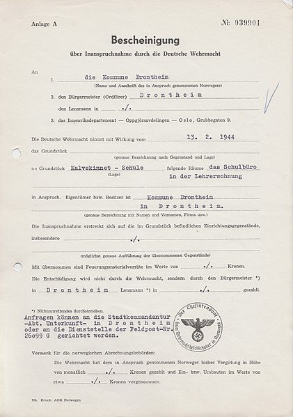 File:1944.02.13 - Beslagleggelsesbevis på skolekontorlokalet i lærerboligen ved Kalvskinnet Skole (3701080502).jpg