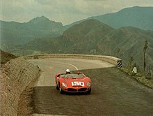 Chassis 0802 after being converted to 268 SP, attending practice of 1962 Targa Florio race, with Phil Hill driving 1962-05-06 Targa Florio Ferrari 268 SP 0802 Hill+Gendebien.jpg