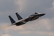 An F-15C Eagle, tail number 86-0159, taking off from RAF Lakenheath in England. The aircraft was assigned to the 493rd Fighter Squadron.